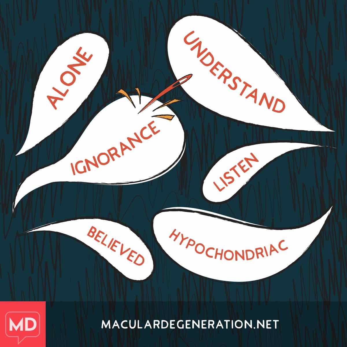 A needle bursts words like alone, ignorance and believed